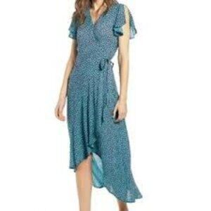 NWT Band of Gypsies Martinique Hi Lo Wrap Dress Floral Print Turquoise Blue Sm